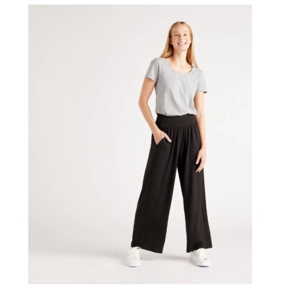 Quince	Black French Terry Modal Wide Leg Pant High Rise Foldover Waist S NEW